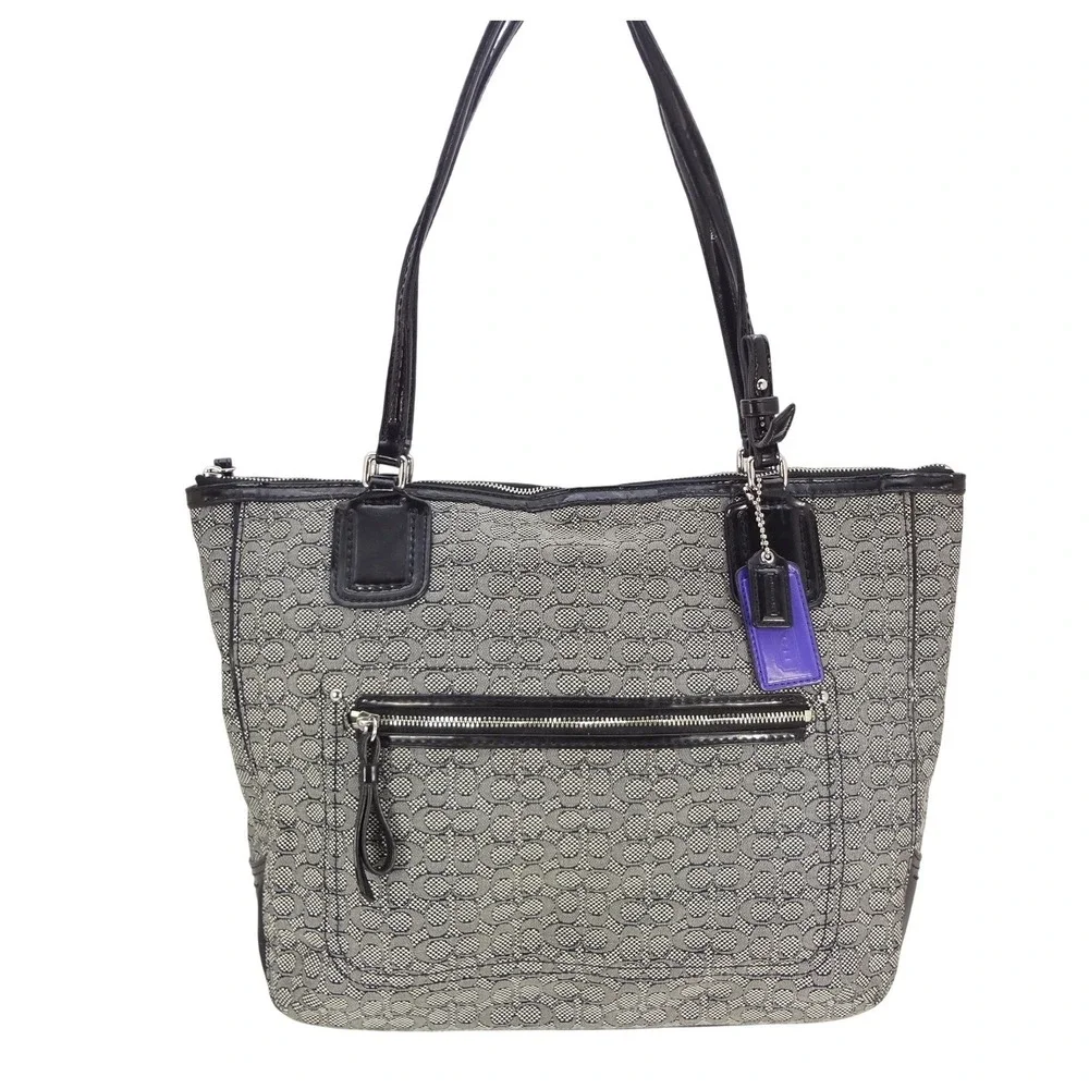 Coach Poppy Oxford Signature Tote Smoke Grey Black Jacquard‎ Patent Leather Bag